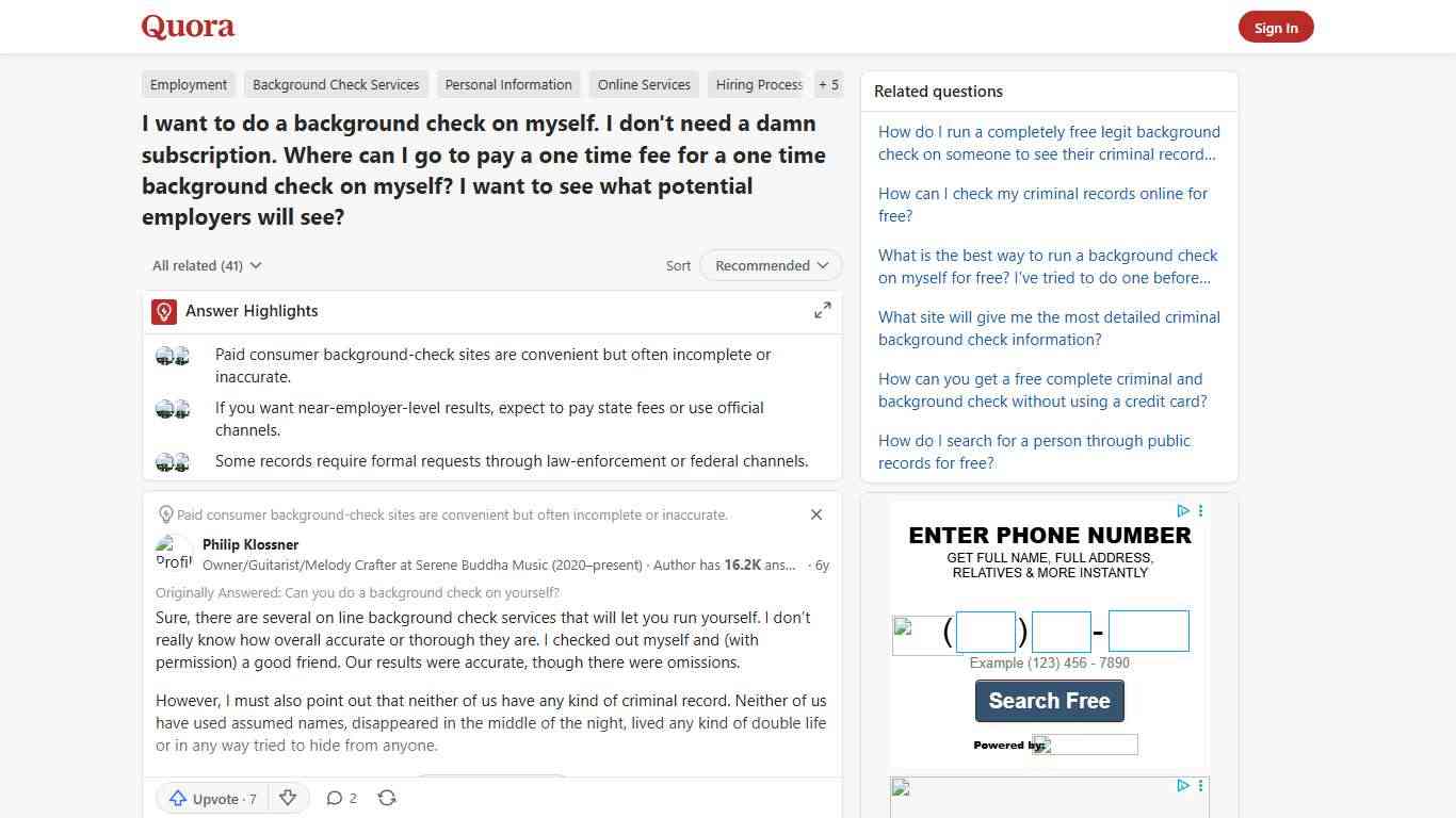 I want to do a background check on myself. I don't need a damn subscription. Where can I go to pay a one time fee for a one time background check on myself? I want to see what potential employers will see? - Quora